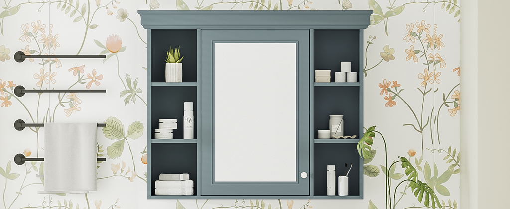 35 ''x 28' 'blue wall mounted bathroom storage cabinet with mirror door and medication cabinet with 6 open shelves eprolo