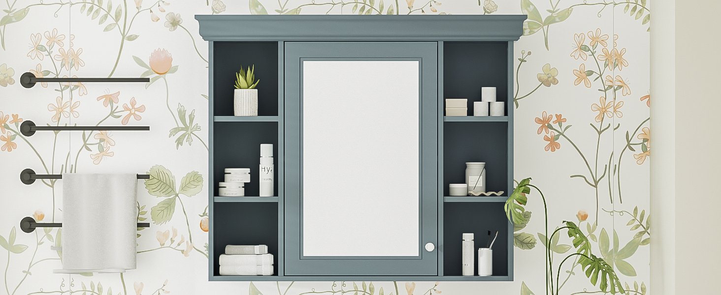 35 ''x 28' 'blue wall mounted bathroom storage cabinet with mirror door and medication cabinet with 6 open shelves eprolo