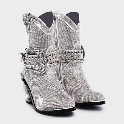 Western denim hot drill mid tube round head belt buckle thick heel fashion boots - Shello's Creative Boutique