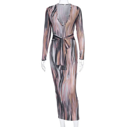 Tie Dye Print Bodycon Midi Dress - Long Sleeve Bandage Dress - Shello's Creative Boutique
