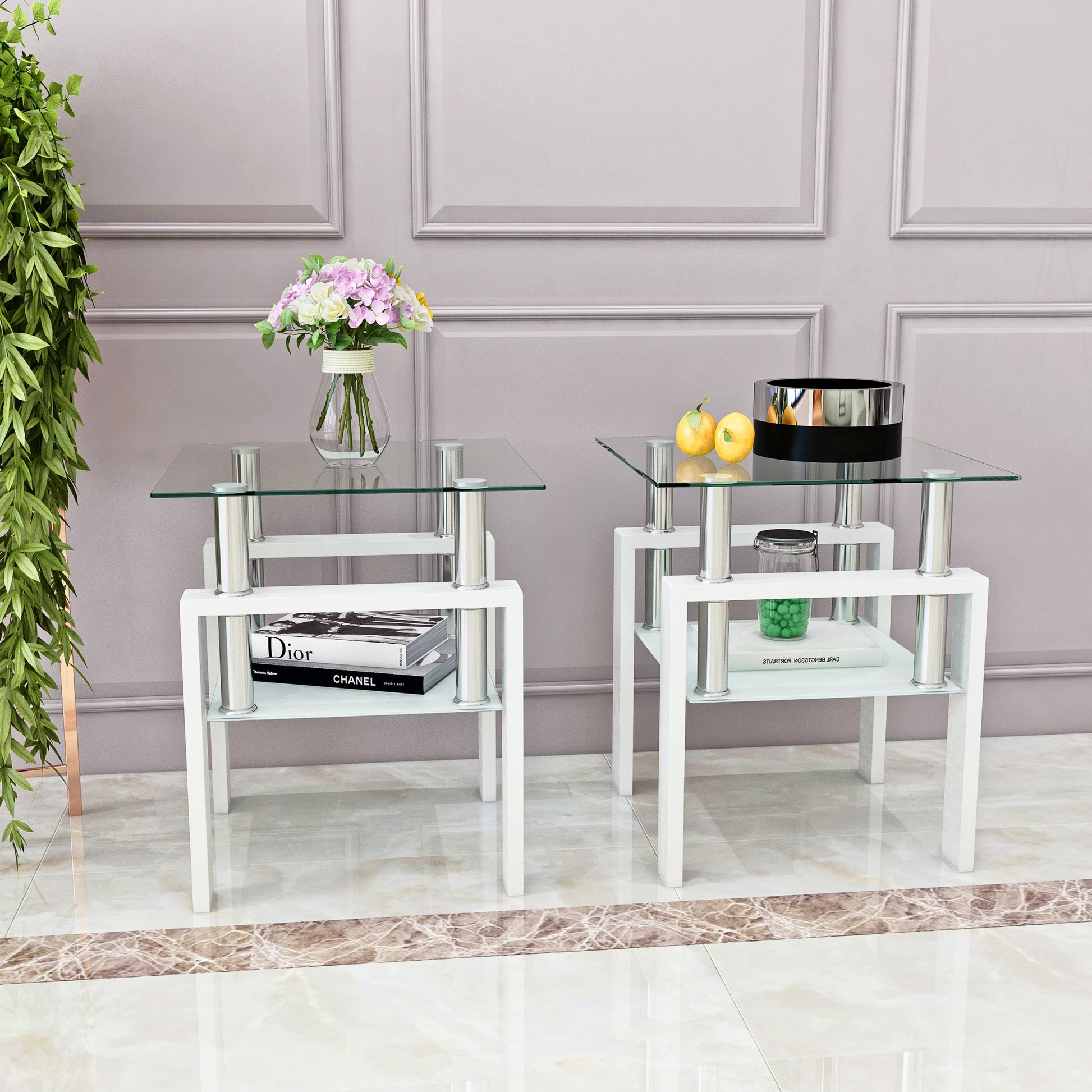 Set of 2, Modern Tempered Glass Tea Table Coffee Table End Table, Square Table for Living Room, Transparent/White eprolo