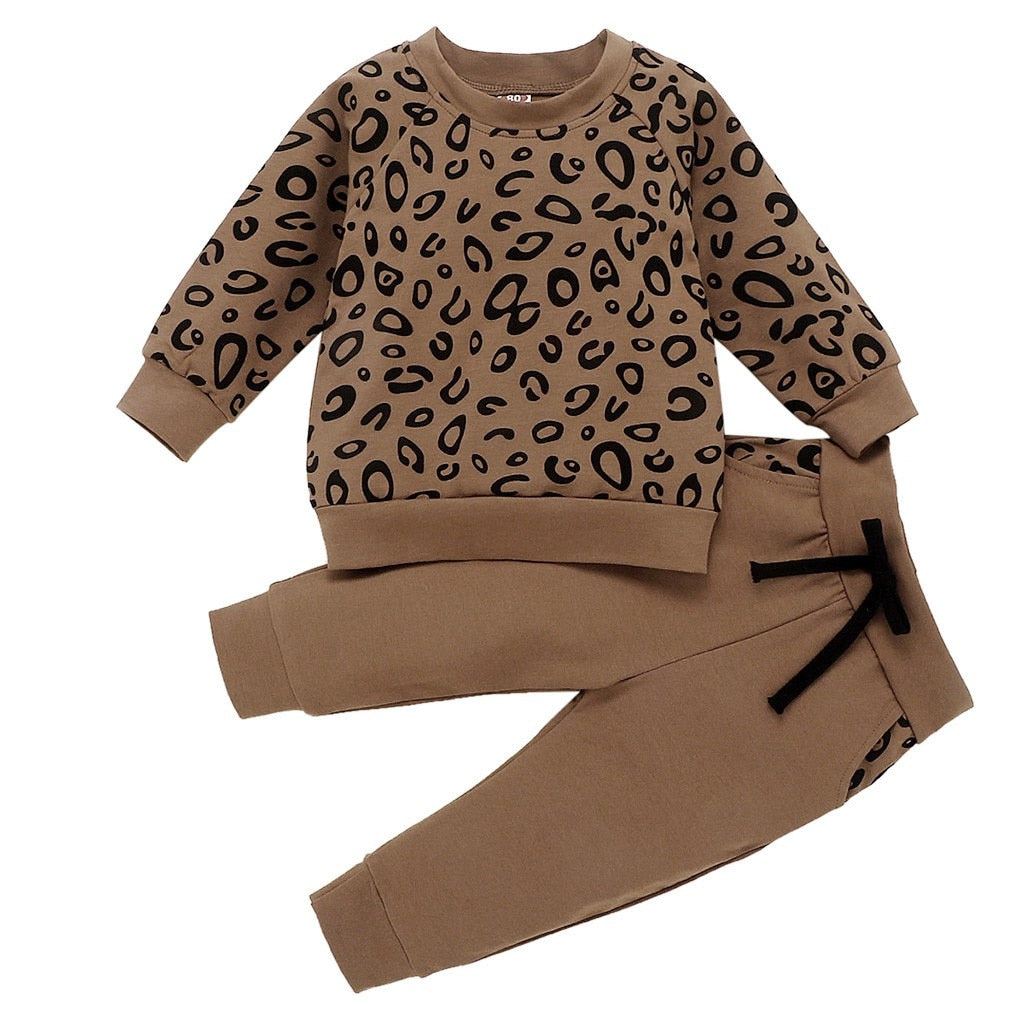 Kids Clothes Set Cartoon Print Baby Boy Girl Clothing Infant Baby Girl Boy Leopard Print T-shirt Sweater Coat Tops Pants Outfits eprolo