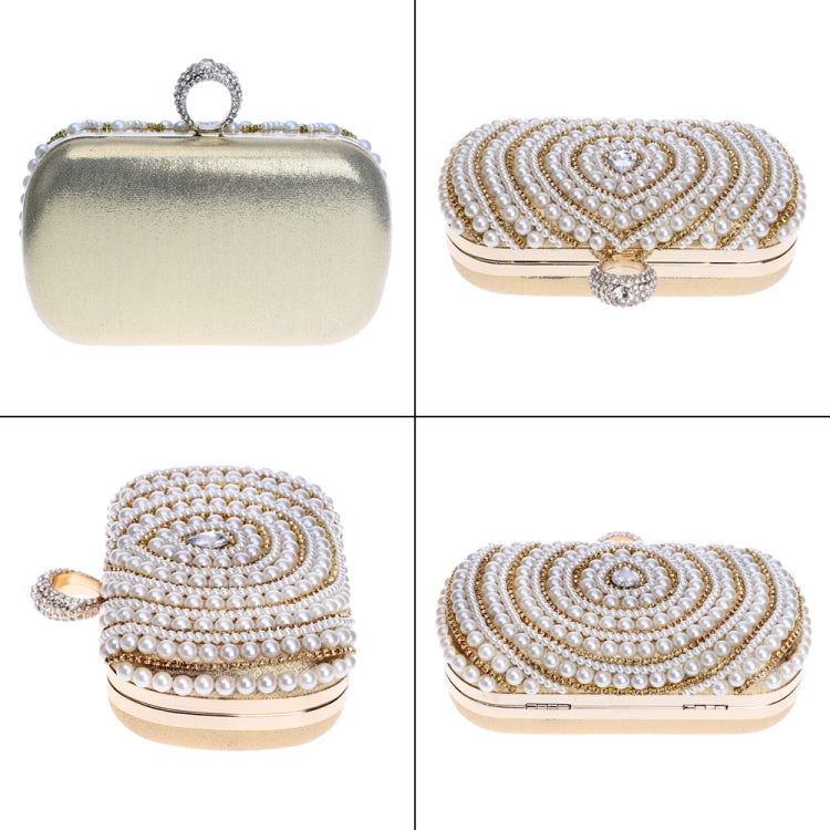Pearl clutch shown from the back, top, and side with a gold-tone frame
