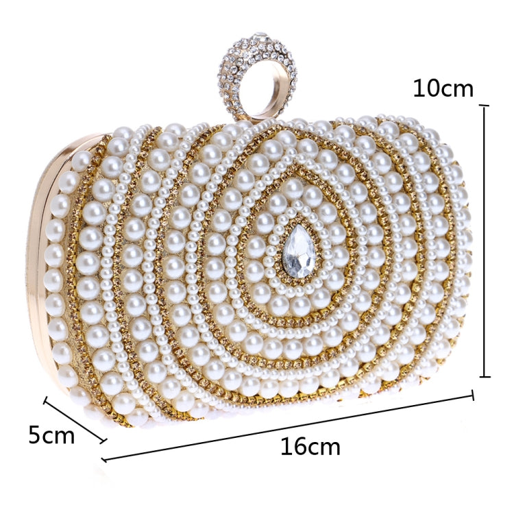 Pearl clutch with jeweled clasp, measuring 16 by 10 by 5 cm