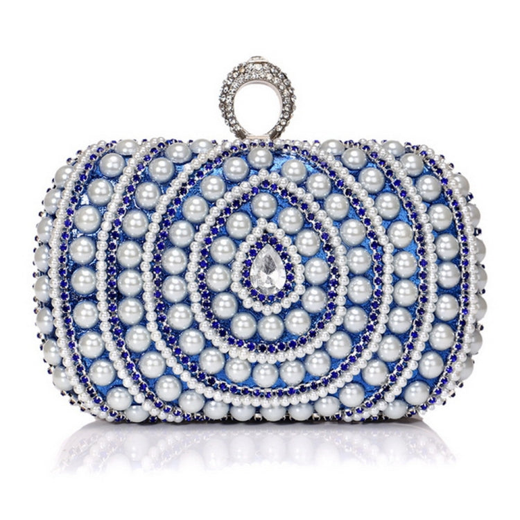 Blue pearl evening clutch with concentric rhinestone trim and a crystal clasp