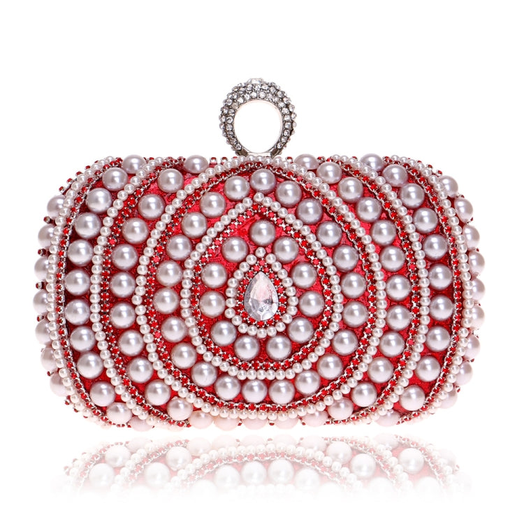 Red pearl clutch with rhinestone bands and a crystal centerpiece