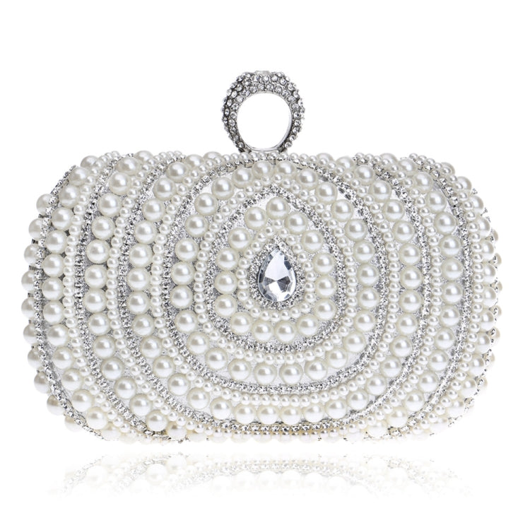 White pearl clutch with silver-tone rhinestone trim and crystal accent
