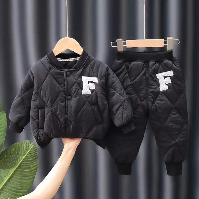 1 2 3 4 5 Years Winter Boys Clothing Sets Alphabet Fashion Warm Coat And Pants 2Pcs Boys Suits Birthday Gifts New Kids Clothes eprolo