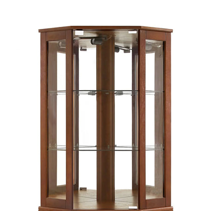 6 shelves corner Curio display cabinet with light mirror and adjustable shelves, walnut wood (excluding E26 light bulbs) - Shello's Creative Boutique