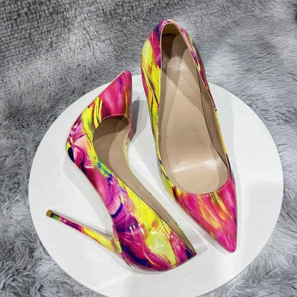 12cm heel Glossy Colourful Print Women Pointed Toe High Heels Stilettos Pumps
