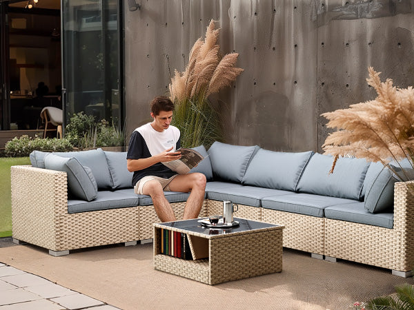 7-Piece Patio Furniture Set, All-Weather Boho Outdoor Conversation Set Sectional Sofa with Water Resistant Grey Thick Cushions eprolo