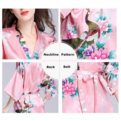 Women Faux Silk Robe Satin Wedding Bride Robe Large Size Sexy Floral Bathrobe Short Nightwear Women Pajamas Kimono eprolo