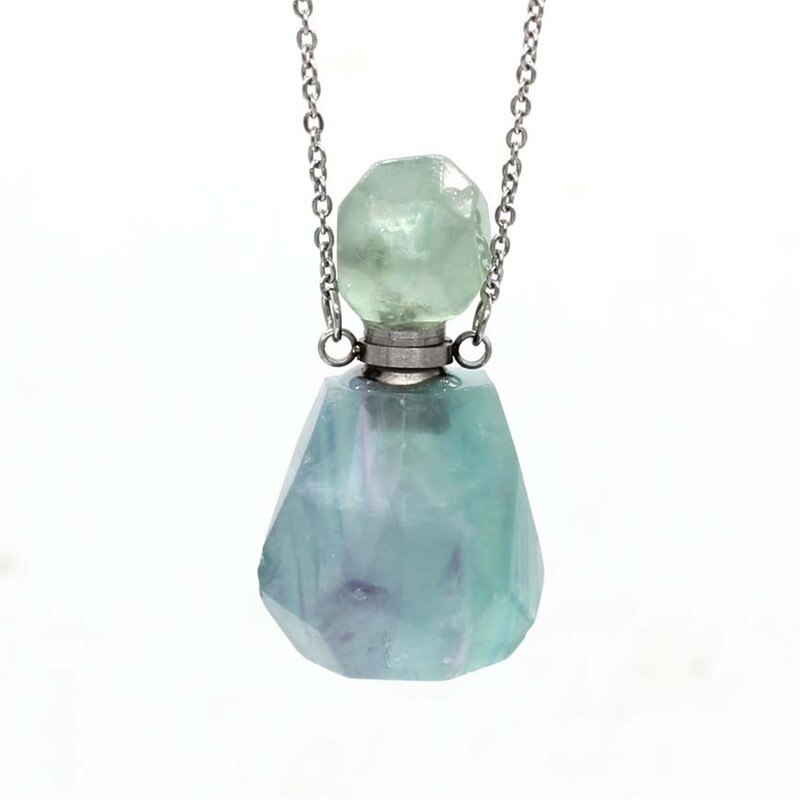 Natural Crystal Hexagonal Perfume Bottle Pendant Necklace  Fluorite Pendant Essential Oil Jar Chain Necklace Shello Creative Boutique
