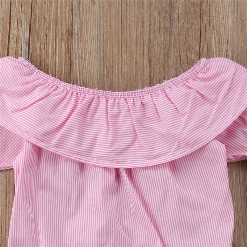 2PCS Baby Girls Clothing Set Girls Off Shoulder Romper +White Ripped Jeans Pants Infant Pink Outfits Newborn Clothes Sets eprolo