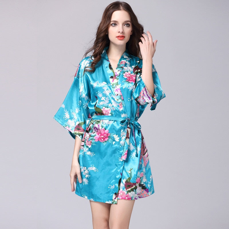 Women Faux Silk Robe Satin Wedding Bride Robe Large Size Sexy Floral Bathrobe Short Nightwear Women Pajamas Kimono eprolo