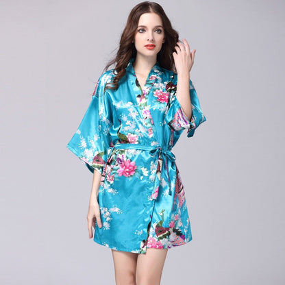 Women Faux Silk Robe Satin Wedding Bride Robe Large Size Sexy Floral Bathrobe Short Nightwear Women Pajamas Kimono eprolo