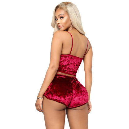 Velvet Tracksuit Sexy V Neck Spaghetti Straps Crop Top + Shorts Fashion Night Club Suits Two Piece Set Outfits eprolo