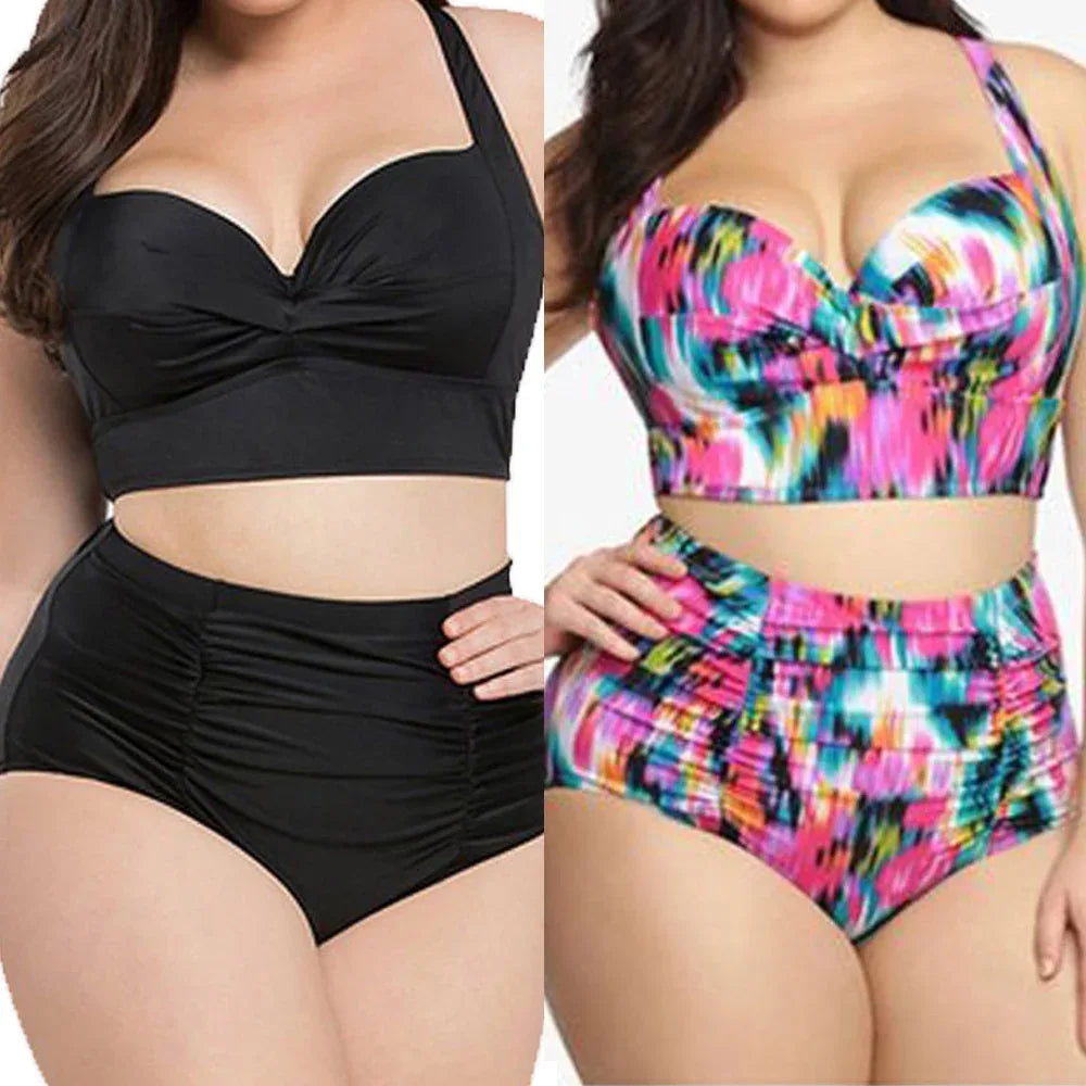 Plus Size high waist women bikini suit 2 piece suit Large size Flower print Beach Bikini Set Padded chest Top swim pool wear - Shello's Creative Boutique