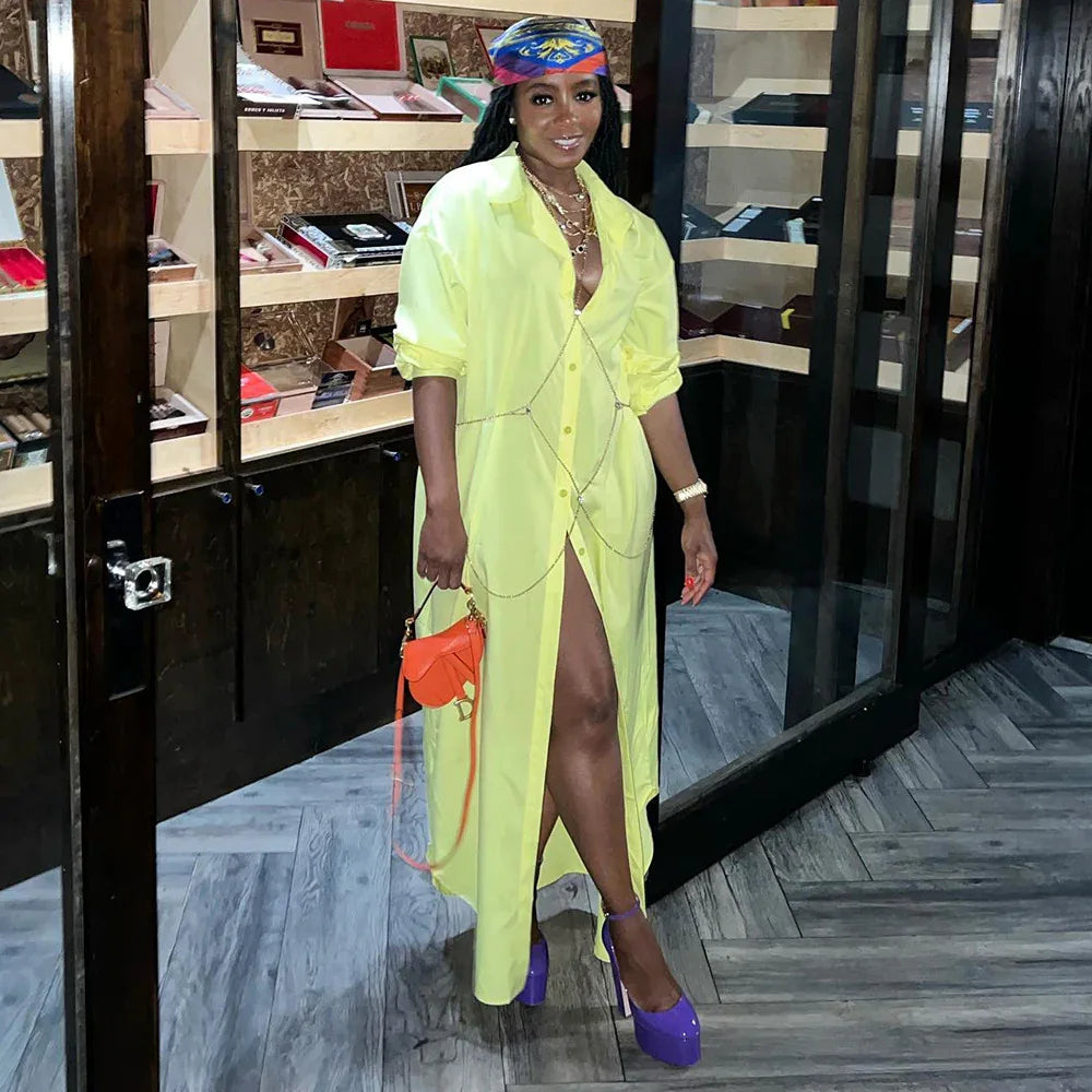 Casual Lapel Half Sleeve Shirt Dress Solid Color Long Jacket - Shello's Creative Boutique