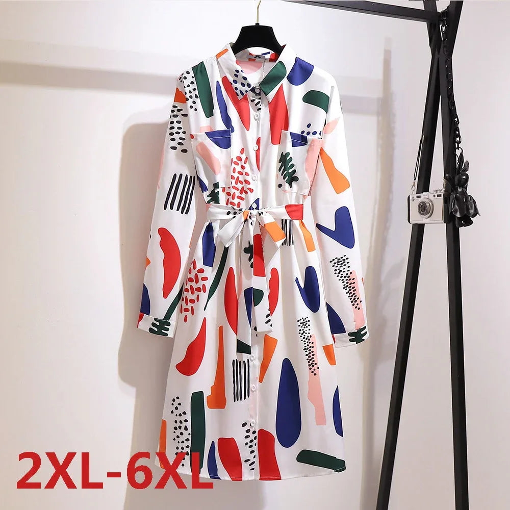 Plus Size Chiffon Dress with Belt - Long Sleeve Printed Dress 2XL-6XL - Shello's Creative Boutique