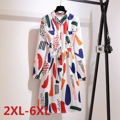 Plus Size Chiffon Dress with Belt - Long Sleeve Printed Dress 2XL-6XL - Shello's Creative Boutique