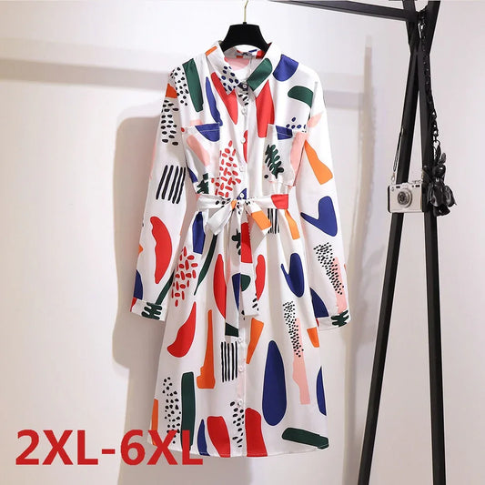 Plus Size Chiffon Dress with Belt - Long Sleeve Printed Dress 2XL-6XL - Shello's Creative Boutique