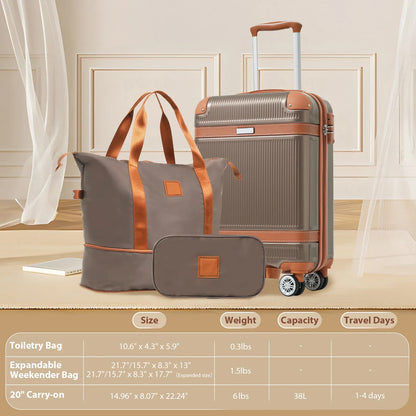 Hardshell Luggage Sets 3 Piece Carry-on Suitcase Double Spinner Wheels with TSA Lock for Men Women, Coppery (20in) - Shello's Creative Boutique