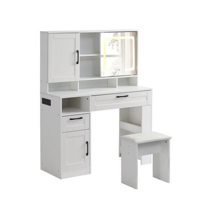 Vanity table with large sliding lighted mirror dressing table with 2 drawers storage shelves and upholstered stool - Shello's Creative Boutique