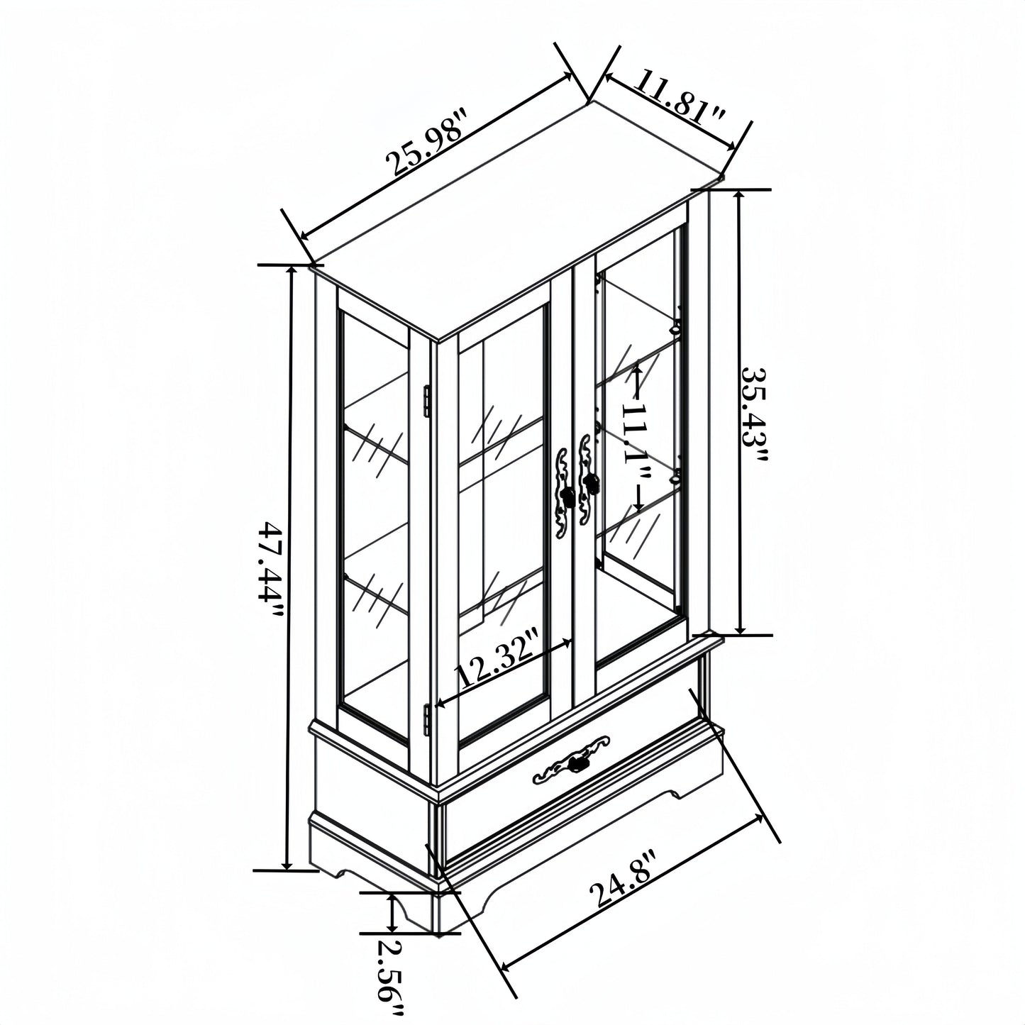 Light colored glass cabinet with adjustable glass frame Curio display cabinet, 2 doors and 1 drawer light bulb cherry color eprolo