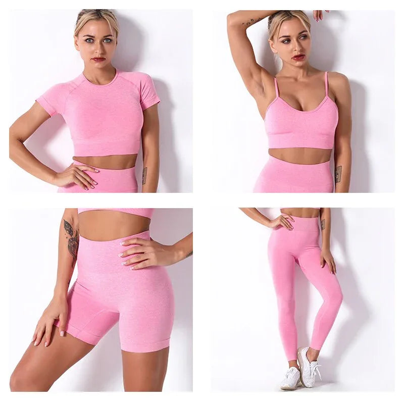 2Pcs/3Pcs/4Pcs Yoga Set Women Clotching Fitness Sportswear Seamless High Waist Leggings Shorts Shirt Crop Top Sport Bra - Shello's Creative Boutique