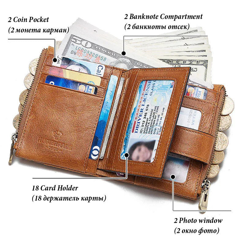 Anti-Theft Brush Double Zipper Leather Wallet Multi Card Slot Men's Wallet Crazy Horse Leather Coin Purse - Shello's Creative Boutique
