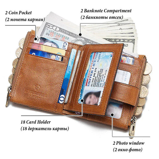 Anti-Theft Brush Double Zipper Leather Wallet Multi Card Slot Men's Wallet Crazy Horse Leather Coin Purse - Shello's Creative Boutique