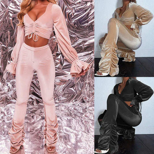 Autumn And Winter Sexy Navel Long Sleeved Solid Color Pleated Micro Flare Pants Two Piece Set - Shello's Creative Boutique