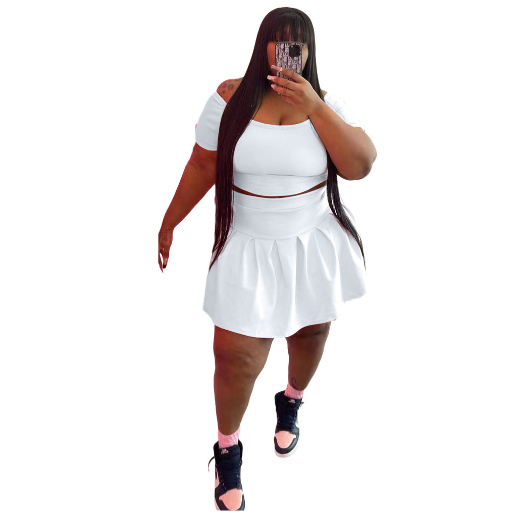 Fashion Women's New Solid Color Pleated Skirt Plus Size Two Piece Set eprolo
