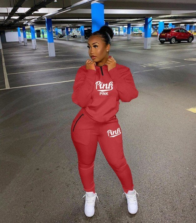 Fall Winter Tracksuits Two Piece Set Women Pink Letter Print Sport Casual Outfits Zip Sweatshirt Top+Pants Set Women Sweat Suits eprolo