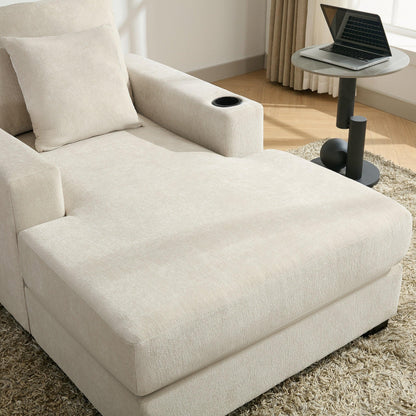39.7" Oversized Chaise Lounger Modern Style Sofa Couch ,with Pillows, Charge Station & Cup Holders, Chenille Fabric, Cream - Shello's Creative Boutique