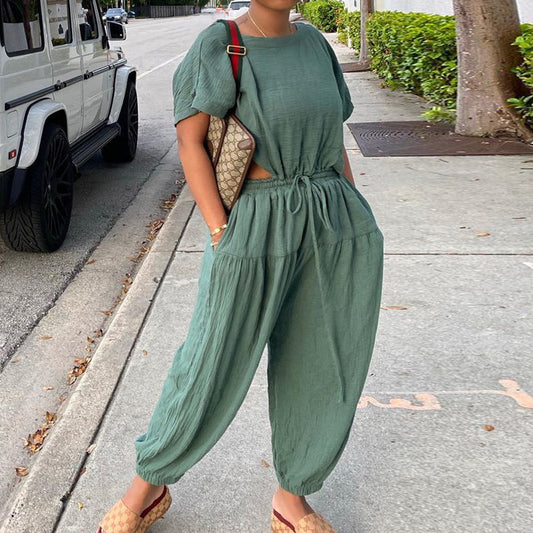 Women's Elastic Cotton And Linen Fashion Casual Wide Leg Pants Solid Color Two Piece Suit eprolo