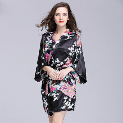 Women Faux Silk Robe Satin Wedding Bride Robe Large Size Sexy Floral Bathrobe Short Nightwear Women Pajamas Kimono eprolo