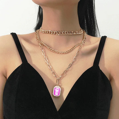 Diamond inlaid multi-layer necklace minimalist square pendant three piece set - Shello's Creative Boutique
