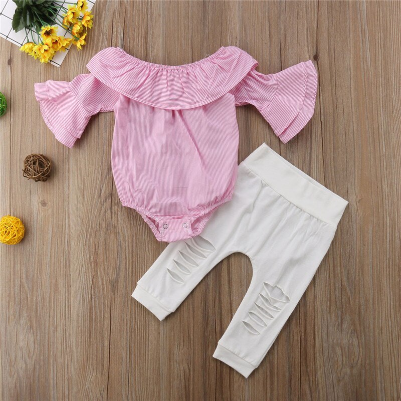 2PCS Baby Girls Clothing Set Girls Off Shoulder Romper +White Ripped Jeans Pants Infant Pink Outfits Newborn Clothes Sets eprolo