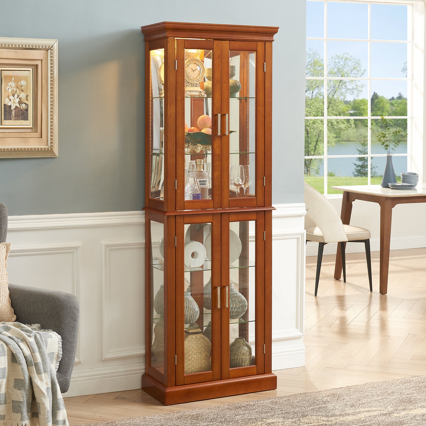 Lighting Curio Diapali cabinet with adjustable shelves, mirror back panel, tempered glass door (without light bulb), walnut wood eprolo