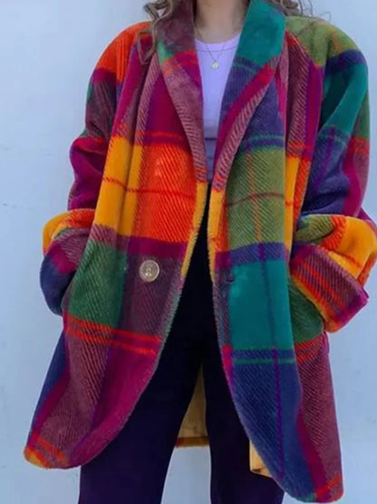 Panelled Plaid Women Jacket Long Sleeve Pocket Single Breasted Casual Female Coat Spring V-neck Elegant Lady Overcoat - Shello's Creative Boutique