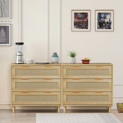 Premium 3-Drawer Rattan Storage Cabinet Set - Oak Finish (Set of 2) - Shello's Creative Boutique