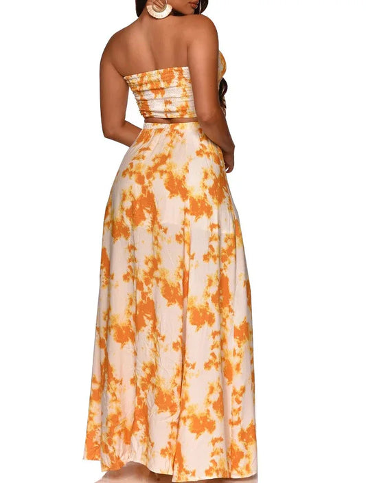 Printed Bandeau Sexy Strapless Crop Tops & Slit Maxi Skirts Set Summer Women Two Piece Set - Shello's Creative Boutique