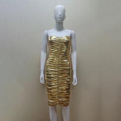 New Arrival Women Sexy Gold Dresses Bodycon Strapless Slash Neck Gold Dresses Night Club Wear - Shello's Creative Boutique