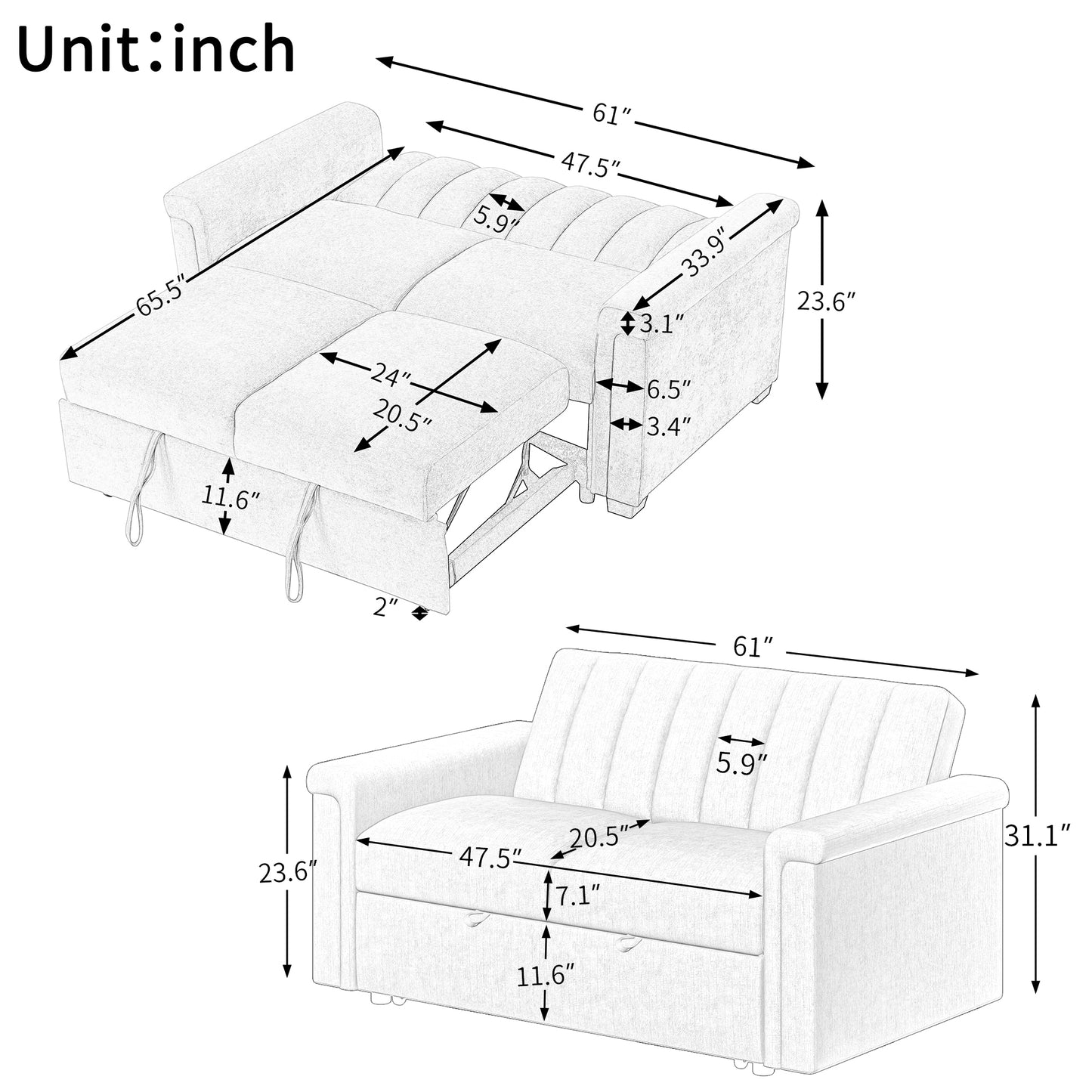 U_STYLE Convertible Soft Cushion Sofa Pull Bed ,for Two People to Sit On eprolo