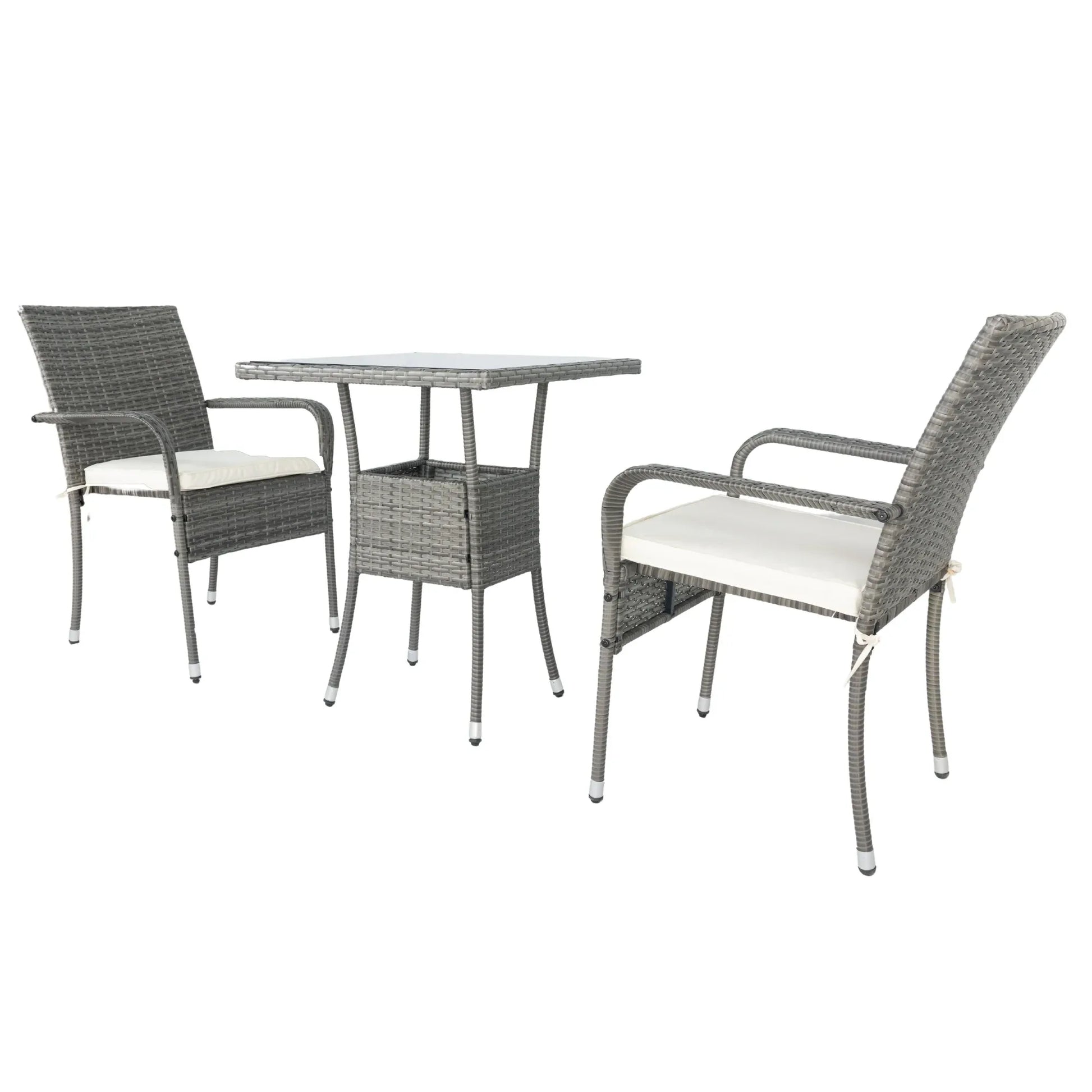 3 Piece Patio Wicker Conversation Set Grey Wicker + white Cushion - Shello's Creative Boutique