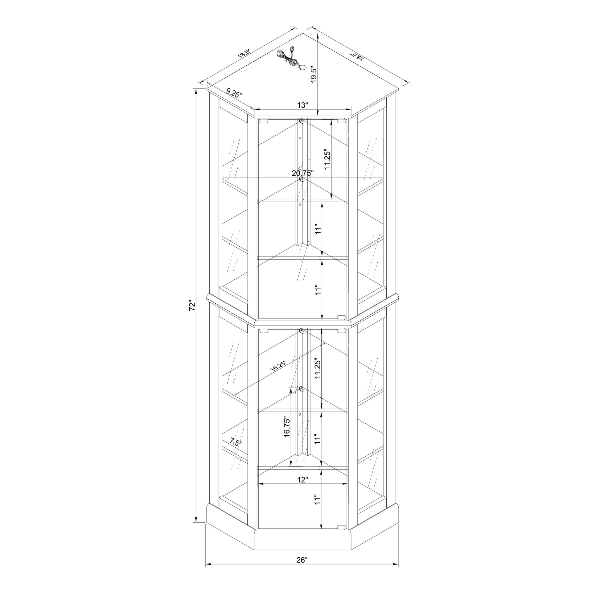 6 shelves corner Curio display cabinet with light mirror and adjustable shelves, walnut wood (excluding E26 light bulbs) eprolo