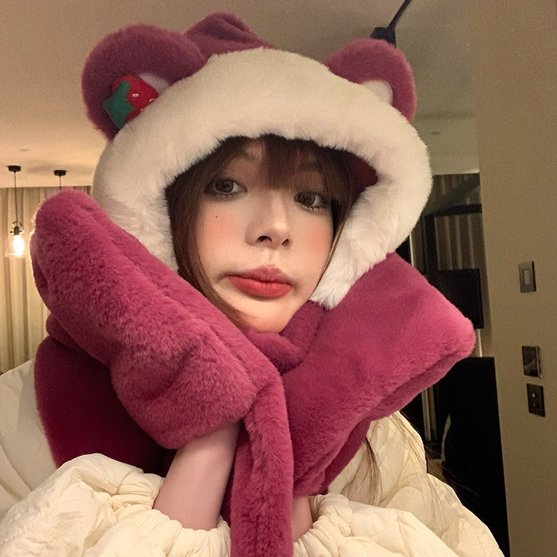 Winter Bear Hat Scarf Gloves One Body Autumn and Winter Lovely Strawberry Warm Keeping Women's Three Piece Scarf Thick Winter eprolo