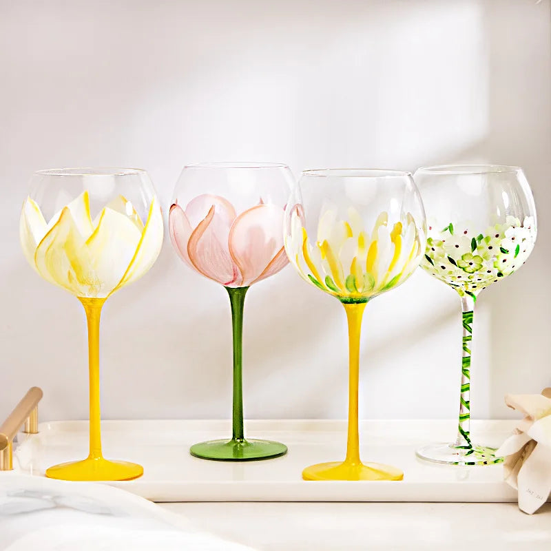 1 Piece Hand Painted Glass Goblet Cup Creative Red Wine Glasses Cup Flower Painted Stemware for Wedding Party Events eprolo